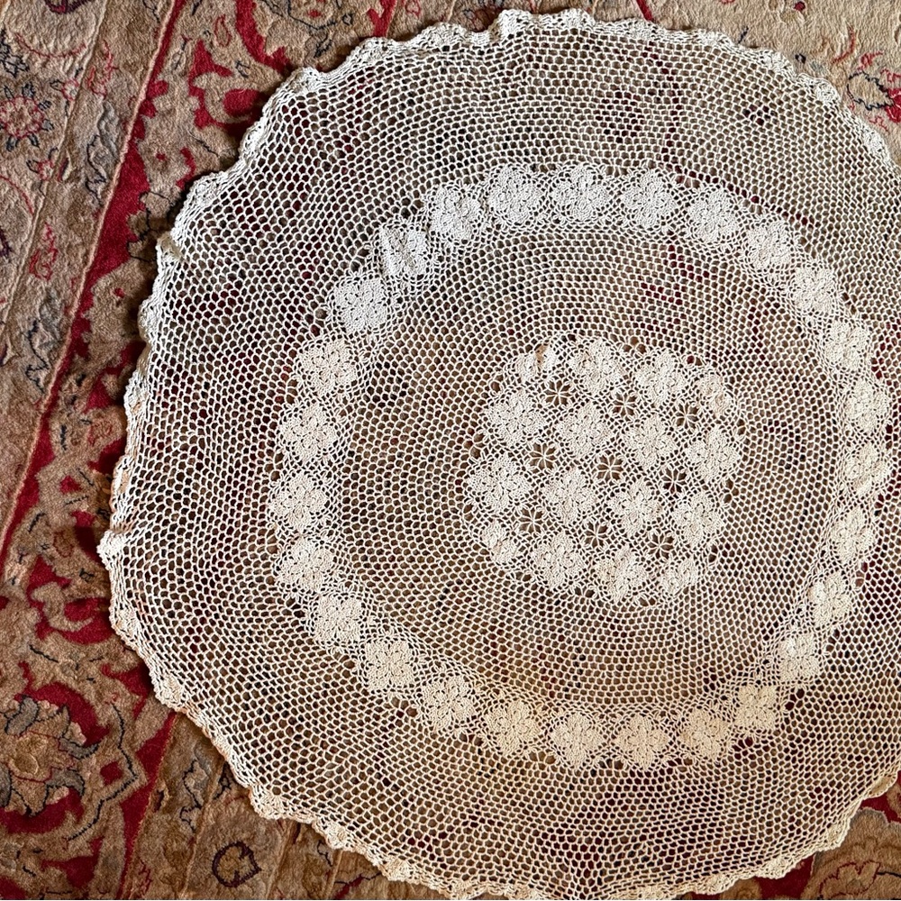 Elegant Lace Doily 50” by 50”
Round, Hand made.